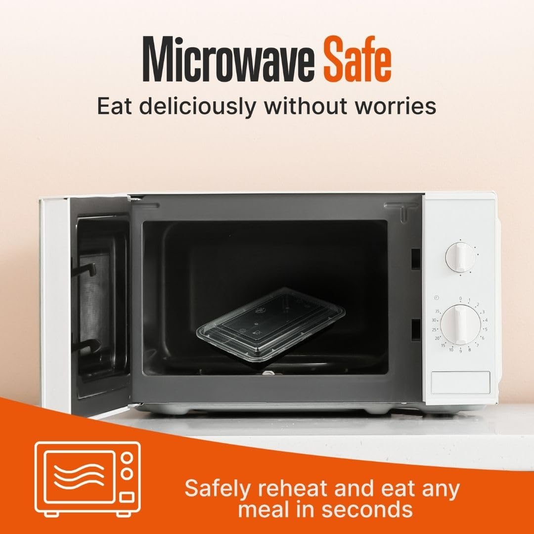 SQUATZ Contenedor de alimentos para microondas para 150 unidades, caja rectangular negra de 33 onzas con tapas, utensilios reutilizables, cuchara, tenedor y cuchillos, sin fugas, apto para congelador