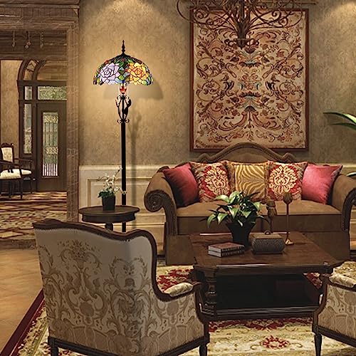 Avivadirect Tiffany Floor Lamp Red Rose Stained Glass Floor Lamp Tiffany Style Standing Lamp W16H70 Inch Antique Metal Leaves Pole Base Pull Chain 2-Light #TOP4