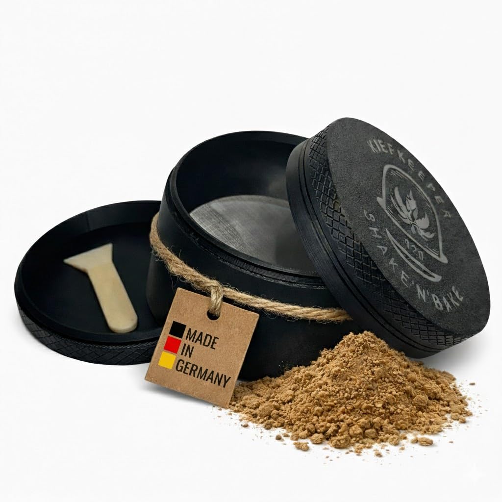 KiefKeeper Premium XL Pollen Shaker – Manueller Hash Extraktor & Kief Maker – 125 Micron Edelstahl-Sieb für Trimmings & Blüten – Nachhaltiger 3D-Druck Made in Germany – Inkl. Schaber, Schwarz