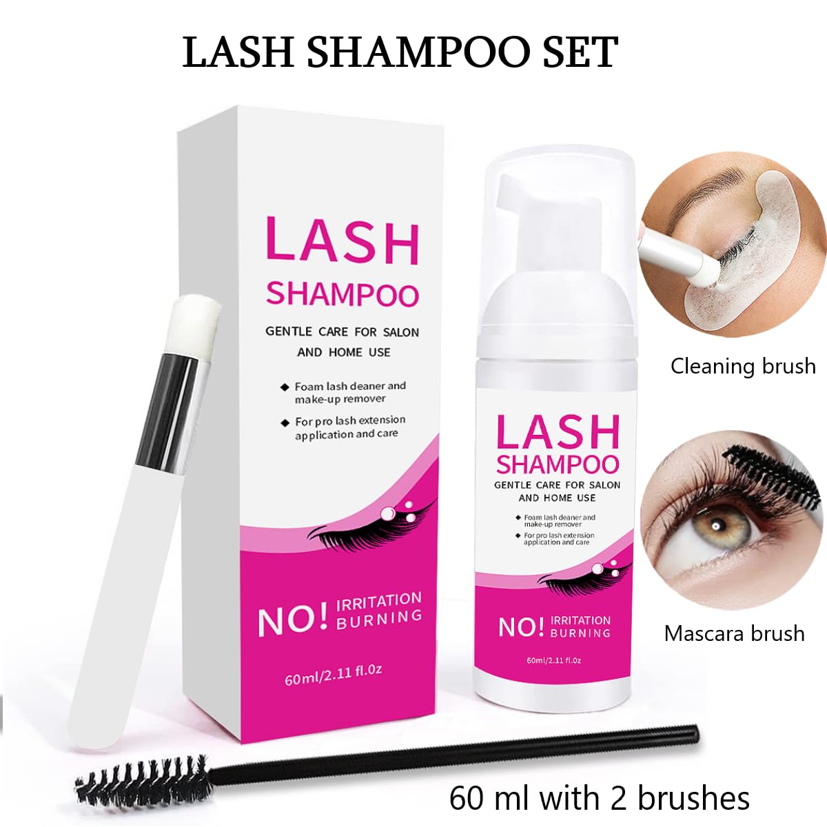 Champú de extensión de pestañas de 60 ml con 2 cepillos, champú para pestañas para extensiones de pestañas, pestañas naturales, limpiador espumante, salones de espuma para el hogar, seguro para