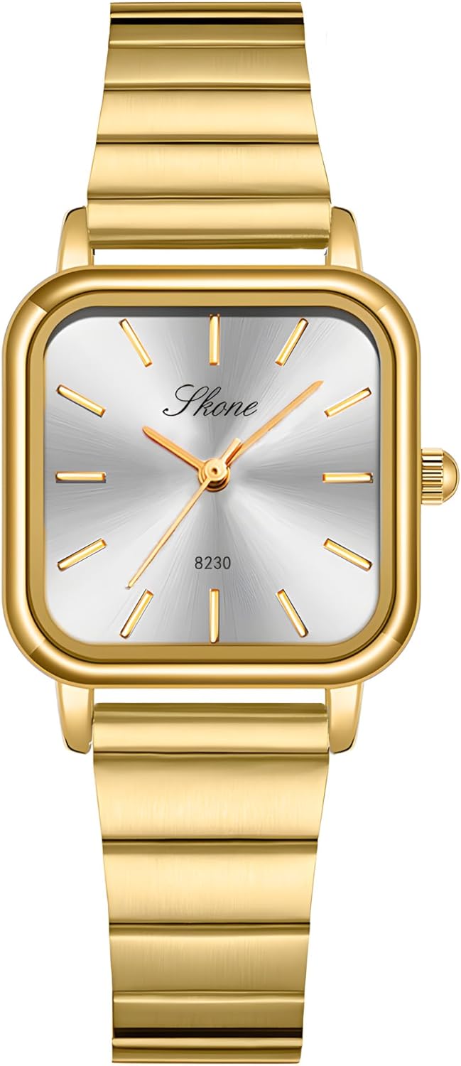 PASOY Women’s Square Dial Stainless Steel Watch Elegant Minimalist Design Quartz Fashionable Colors Gold Bracelet Waterproof Sport Watch