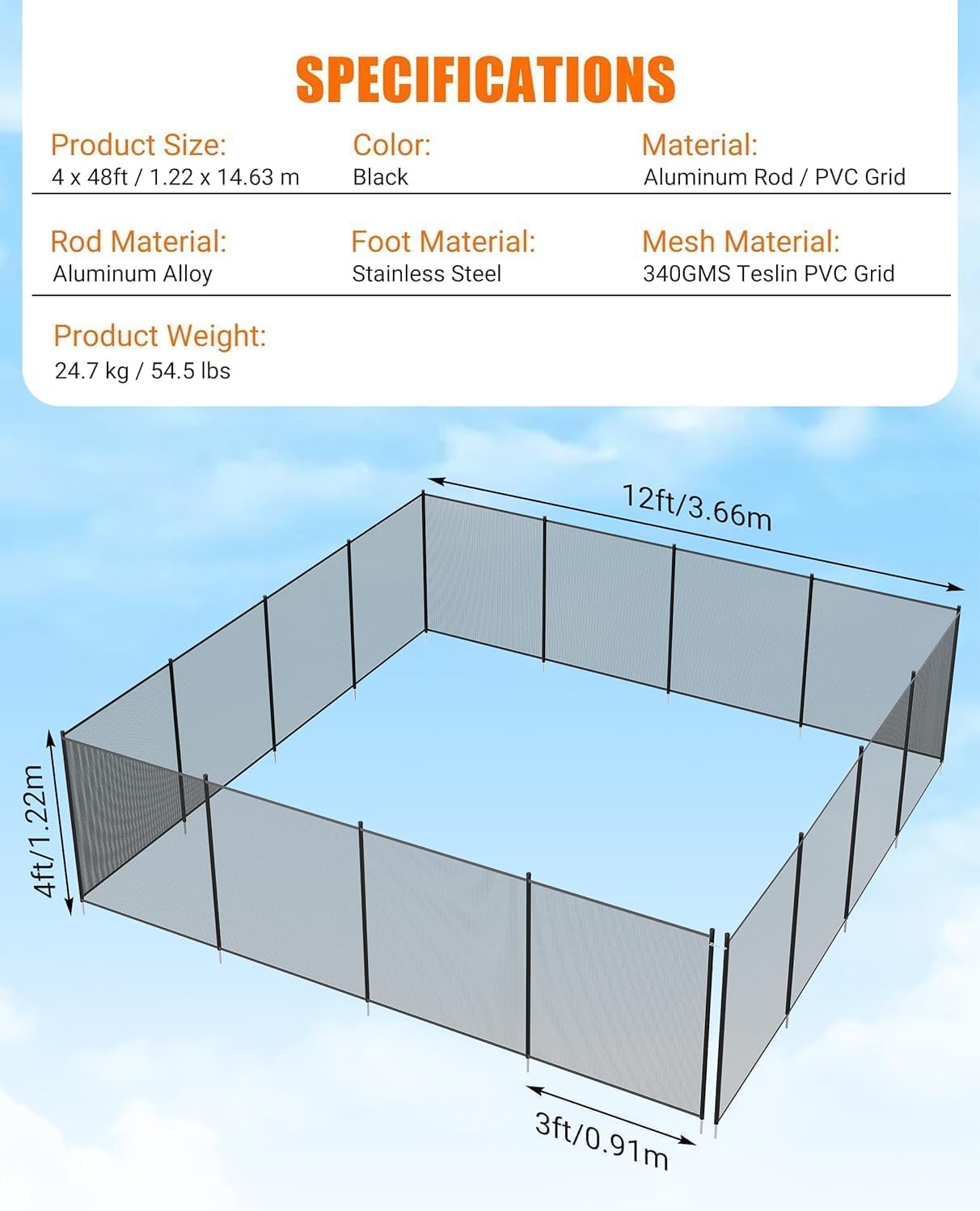 4Ft x12Ft,Pool Fence,for Inground Pools, Removable Pool Fencing With Stainless Steel Tubes, 340GSM Teslin PVC Pool Safety Fence Mesh Protects Kids and Pets