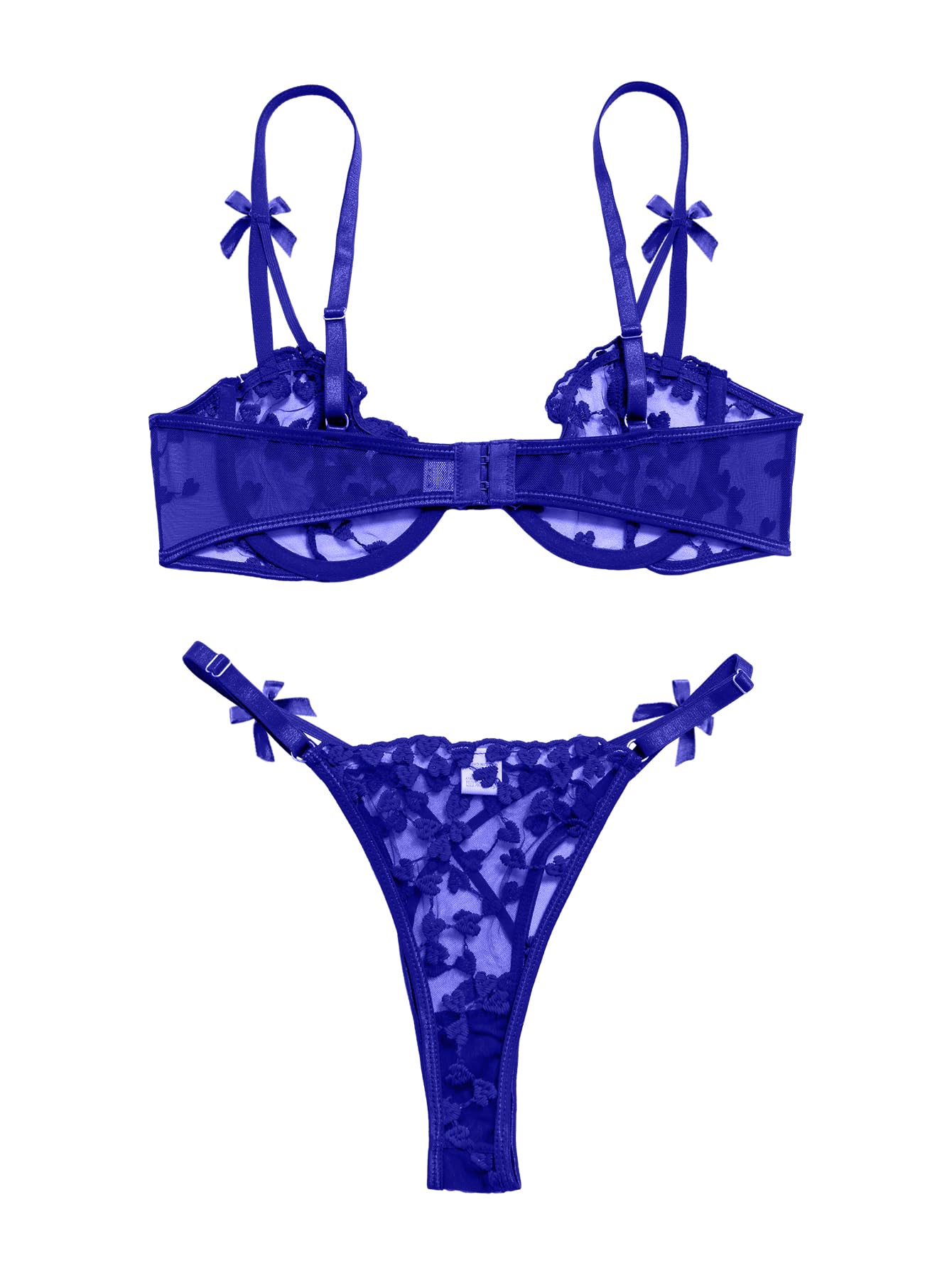 Lilosy Sexy Underwire Cute Push Up Strappy Embroidered Mesh Sheer Lingerie Set See Through Panty Bra: 3X-Large Bow Royal Blue