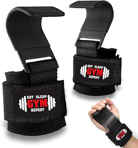 APRPDP Weight Lifting Hooks, Hand Grip Wrist Straps for Deadlift, Powerlifting, Pull up bar, Solid Steel, Thick Padded Neoprene, Set of 2 PC, Free Size (EAT Sleep Gym Repeat)