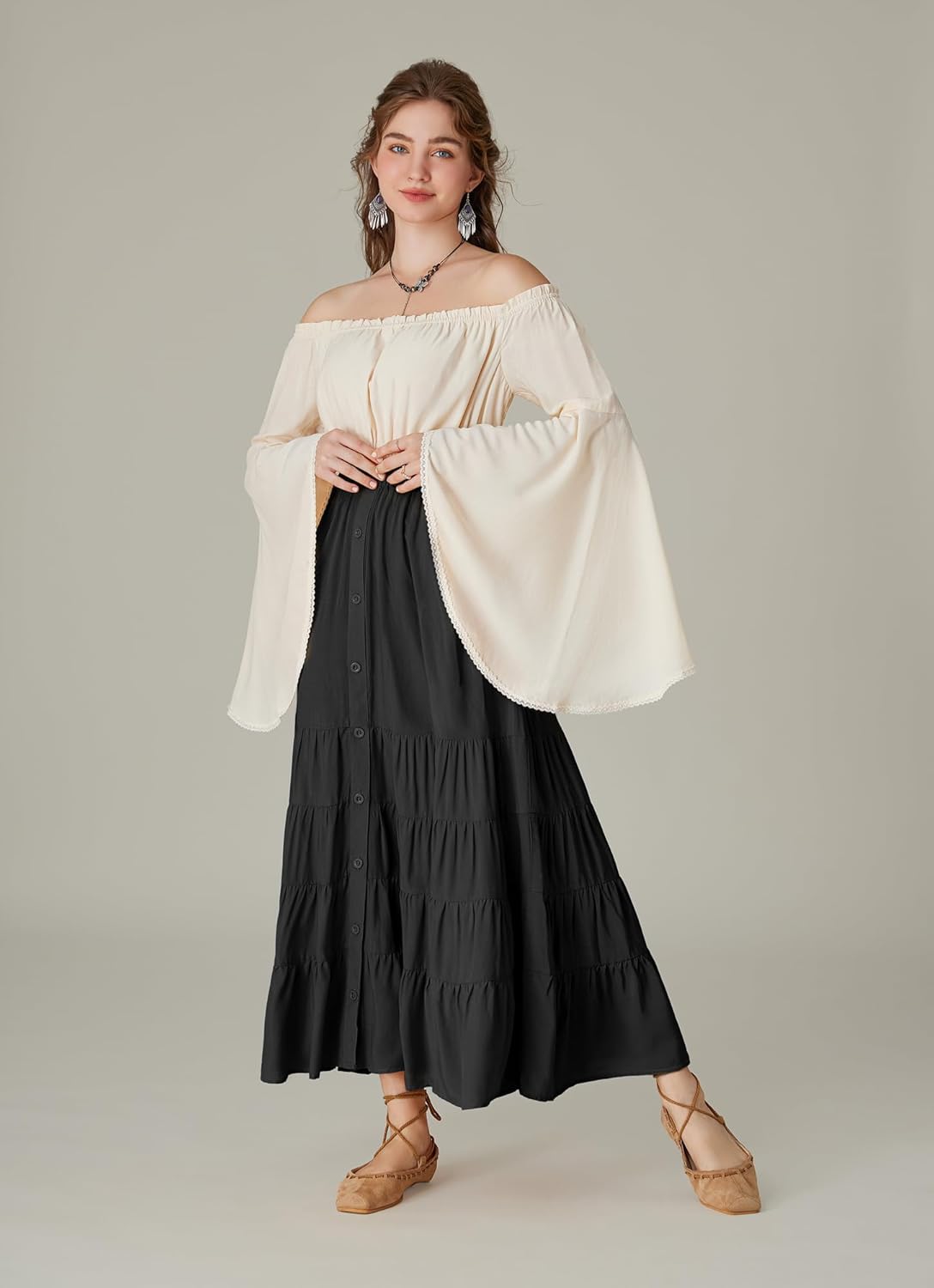 Scarlet Darkness Women Bell Sleeve Smocked Top Off The Shoulder Peasant Blouse Renaissance Pirate Shirt - Image 6