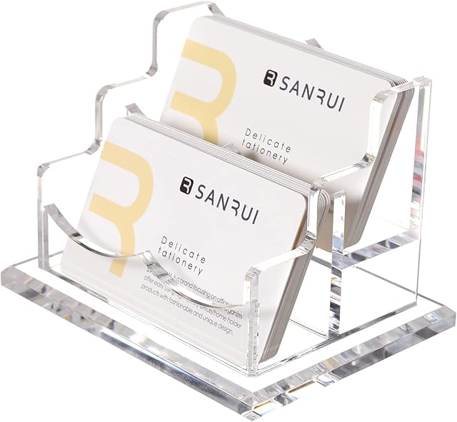 SANRUI Acrylic Business Card Holder for Desk,Name Card Display Holder,Office Clear Business Card Display Stand,2 Tiers 2Slots,Fits About 100 Business Cards