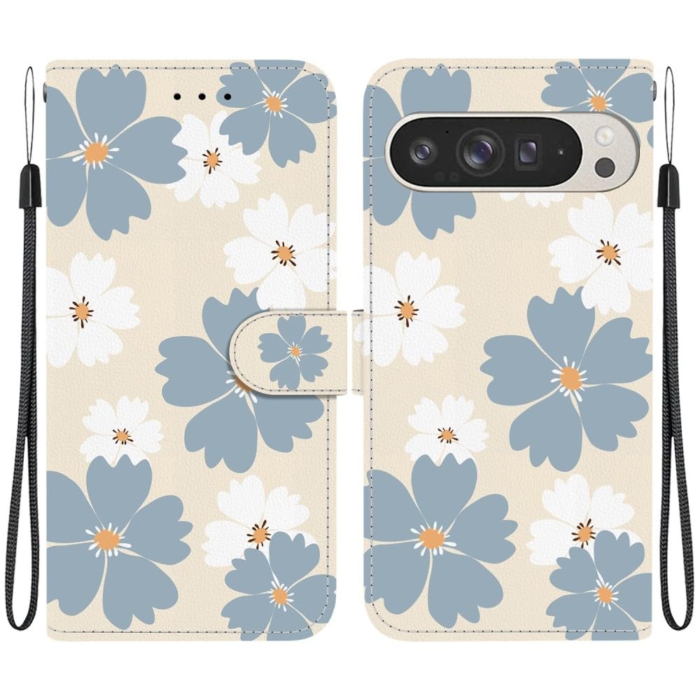 Generic Étui compatible avec Google Pixel 4A 5G (couleur : marguerite bleue) Étui portefeuille à rabat en cuir à motif
