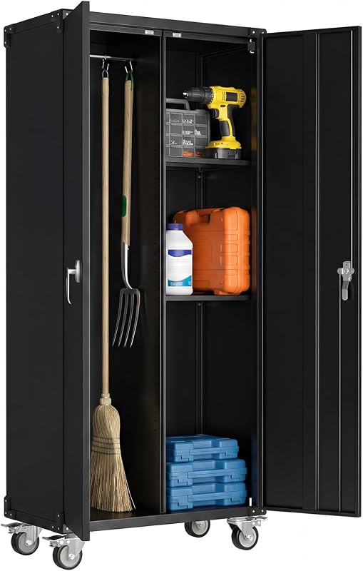 Gabinete de almacenamiento de garaje de 72 pulgadas, organizador de herramientas, archivador con cerradura | Almacenamiento alto con marco de acero y ruedas con cerradura y estantes ajustables, se adapta al almacén de la oficina en casa, negro