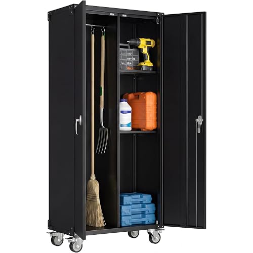 DUMOS 72" Metal Garage Storage Cabinet with Wheels, Tall Rolling Steel Tool Organizer with Adjustable Shelves and Locking Doors, Lockable File Cabinet for Garage, Home, Office, Warehouse, Black