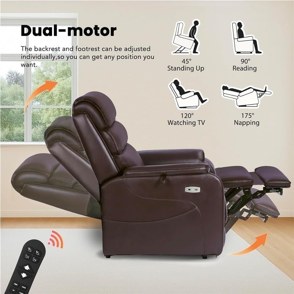 Oversized Power Lift Recliner Chair for Elderly Adults, Wide Lay Flat Electric Leather Reclining Sofa with Heat and Massage, Heavy Duty Lift Assist Chair with Charging Ports Comfortable Living Room