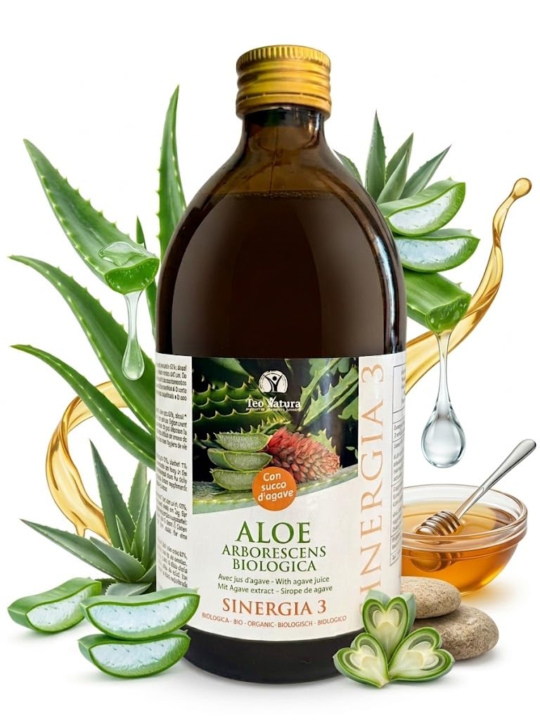 TeoNatura Sinergia 3 – Aloe Arborescens Biologica con Succo d'Agave | 500ml | Ricetta Padre Zago Vegana | Digestione, Depurativo, Intestino | Made in Sicily