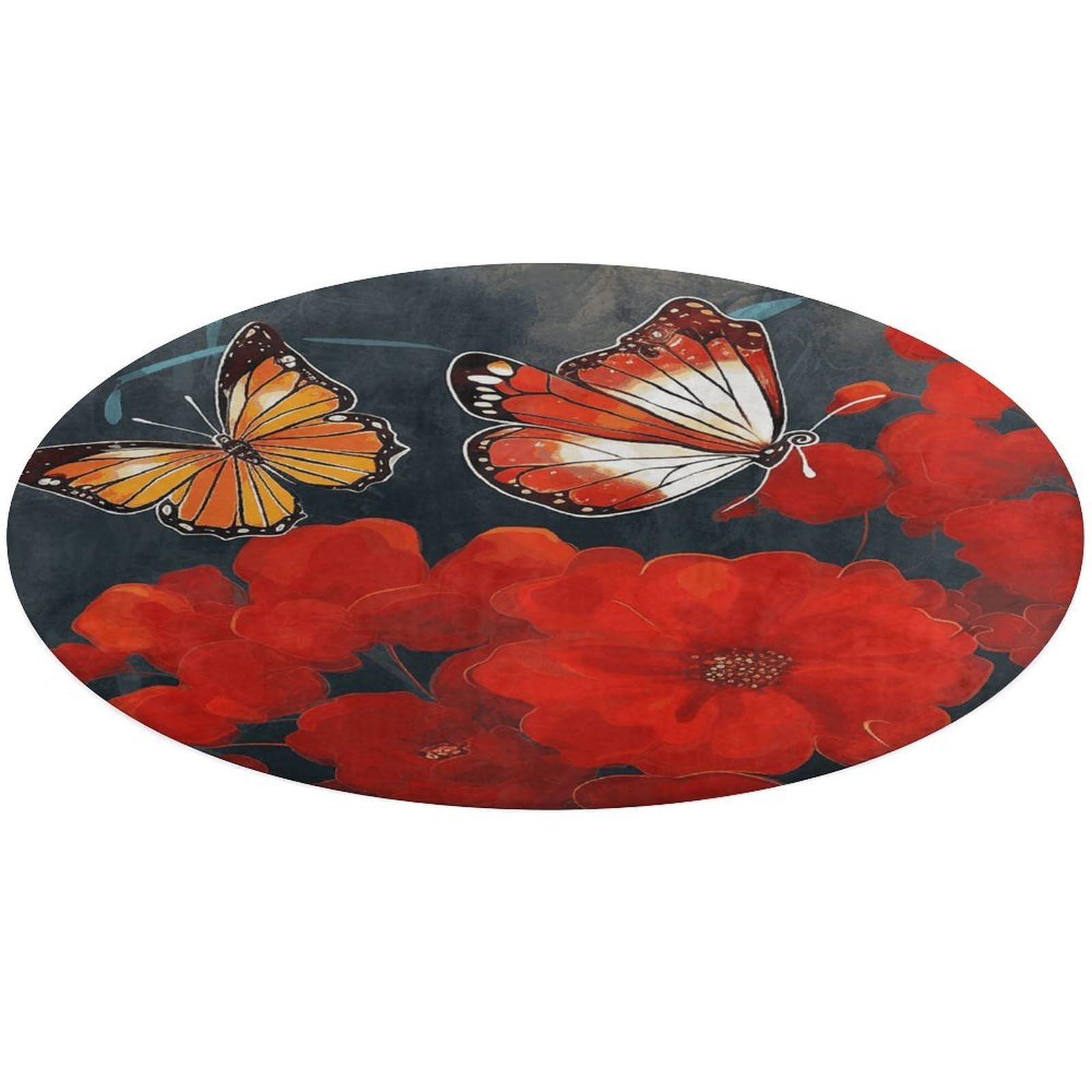 Alfombra redonda de 2 pies con flores rojas y mariposas tapete de puerta lavable antideslizante