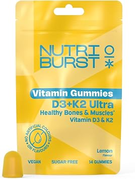 Nutriburst D3 + K2 Ultra Vitamin Gummies -Trial Pouch - Vitamin D3 1000IU 25 g with Vitamin K2 MK-7 for Bones, Muscles & Immune Support - Sugar Free, Vegan & Halal - 14 Gummies 14 Day Supply