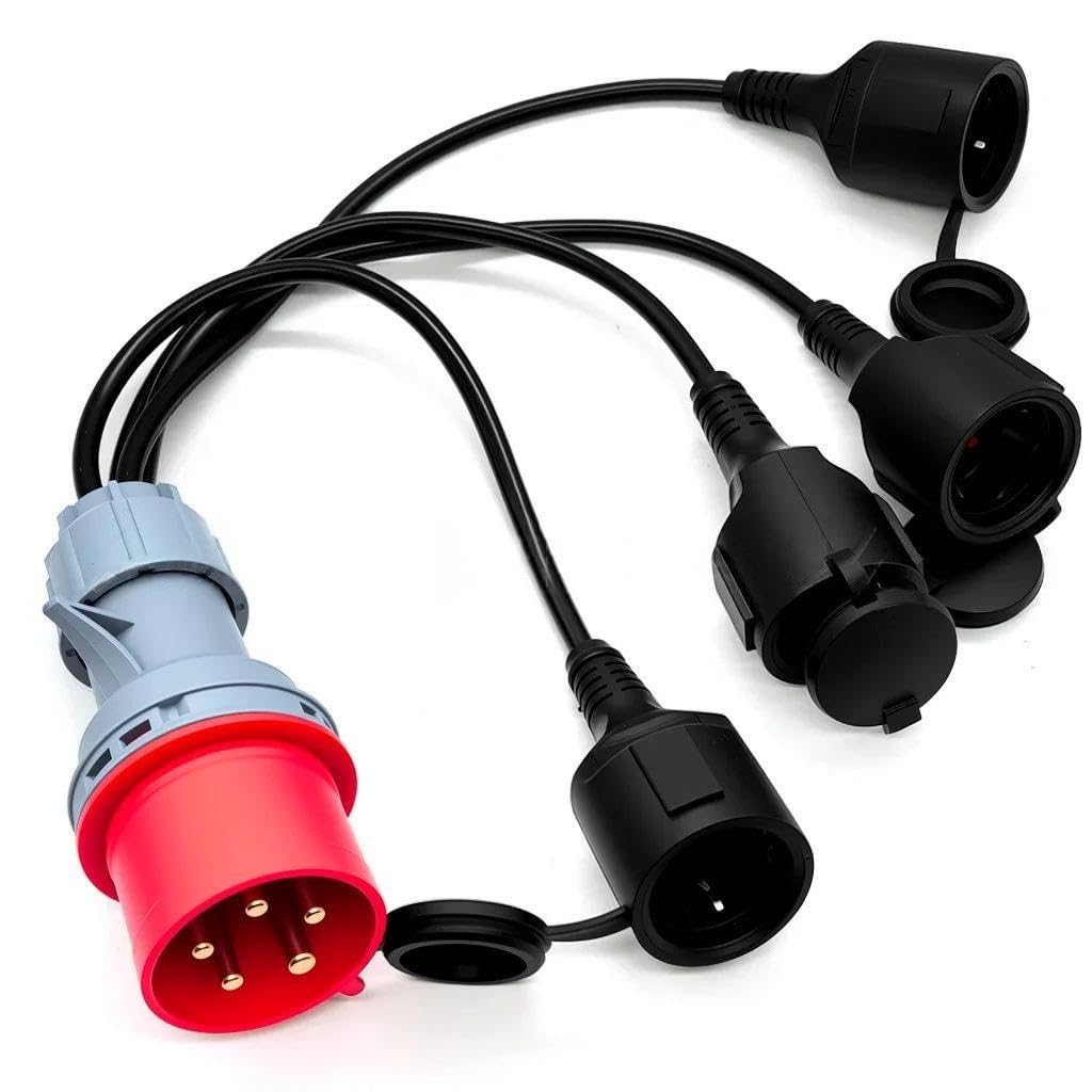 CEE Adapter 415V auf 4x240V Schuko Verteiler Starkstrom Adapter Verlängerungskabel mit Klappdeckel IP44 für Camping Caravan Wohnmobil Generator Baustelle Industrie Außenbereich, wetterfest und tragbar