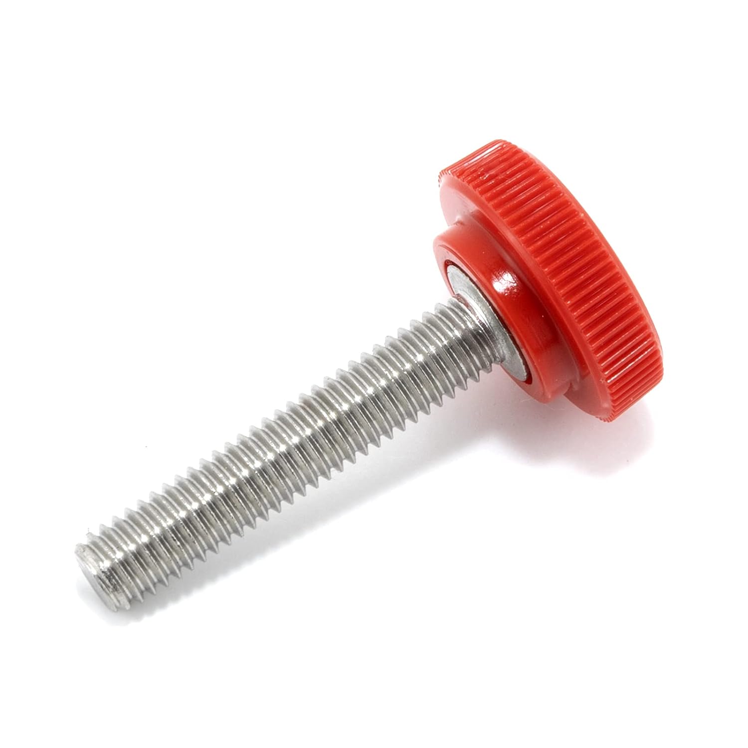 #10-32 x 1 Thumb Screw Stainless Steel - Red Knurled Round Plastic Knob - Fine Thread Thumbscrew - Length: 1.000" - Proudly Built in USA - Package of (25)