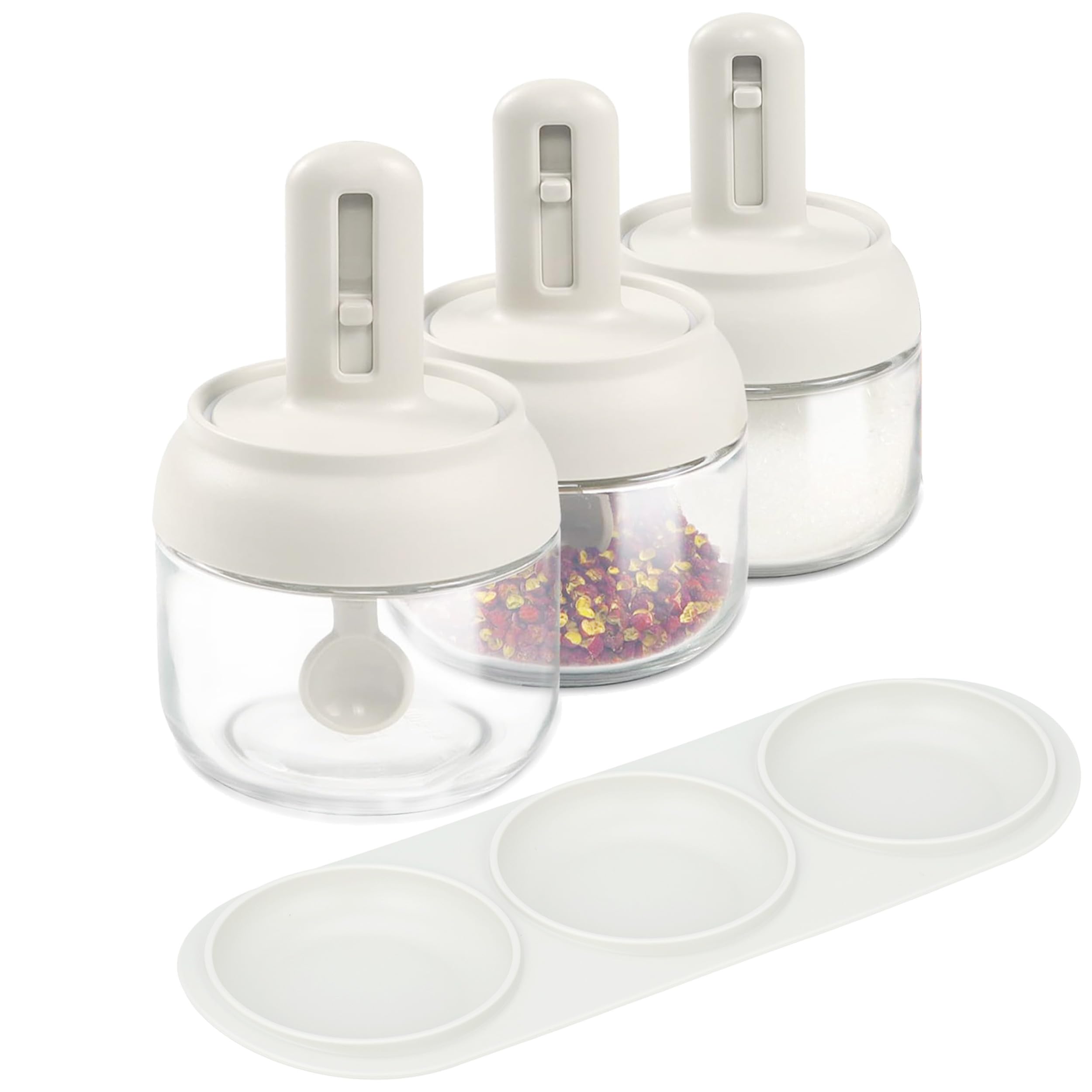 Povinmos® 3 Piece Glass Salt Container | Storage | Pepper,Table Salt, Sugar,Gourmet Salts,Spice |Chili Herbs |10 oz |Glass Salt Container with Lid and Retractable Spoon