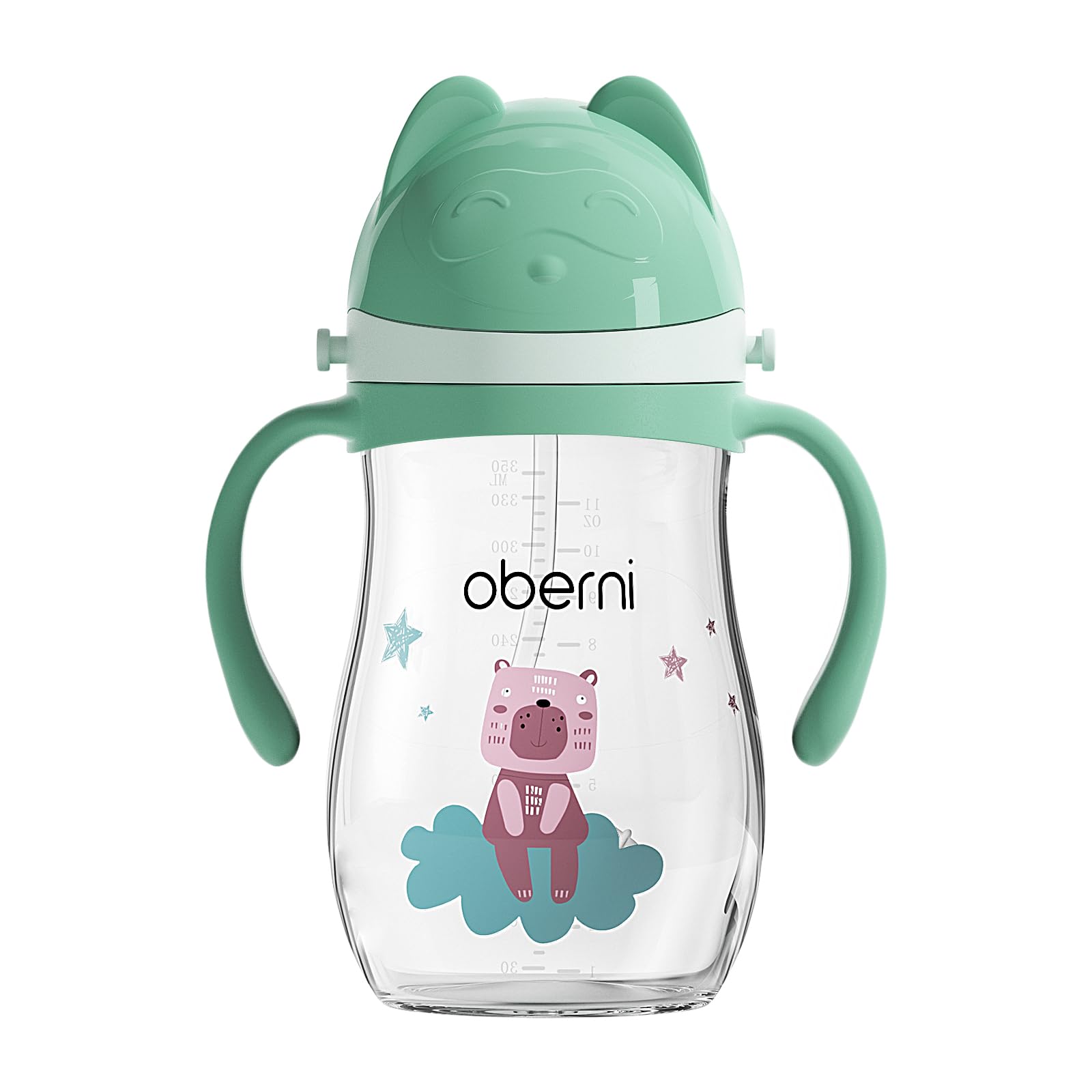 Oberni No Spill Toddler Sippy Cup, Weighted Straw Baby Water Bottle with Handle&Strap for 12 Months +, BPA-Free | Tritan | Leak Proof Valved Spout | 350ml | Green | Pack of 1