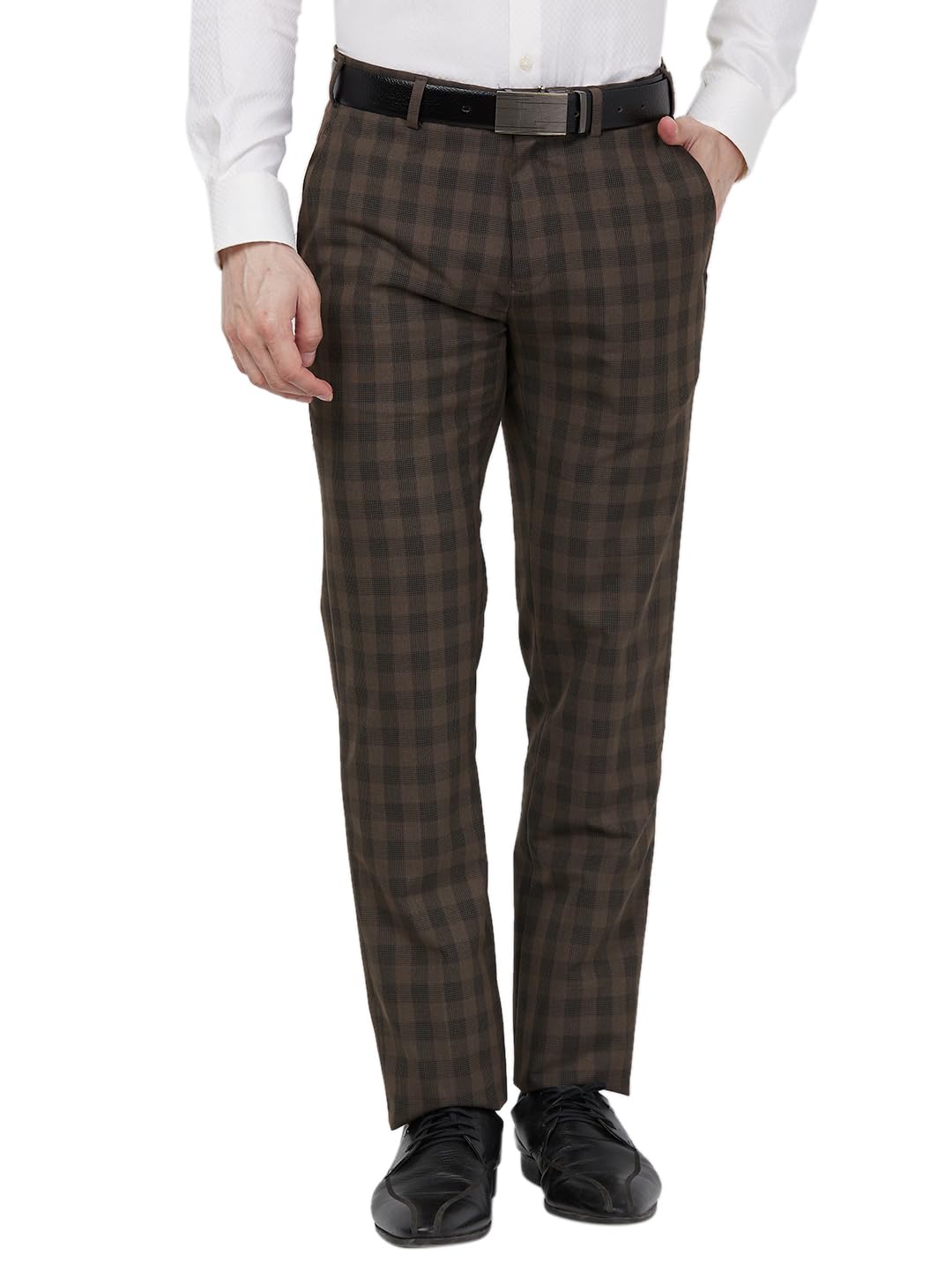 Men Slim Fit Checks Pattern Polyester Blend Flat Front Formal Trouser-image-40