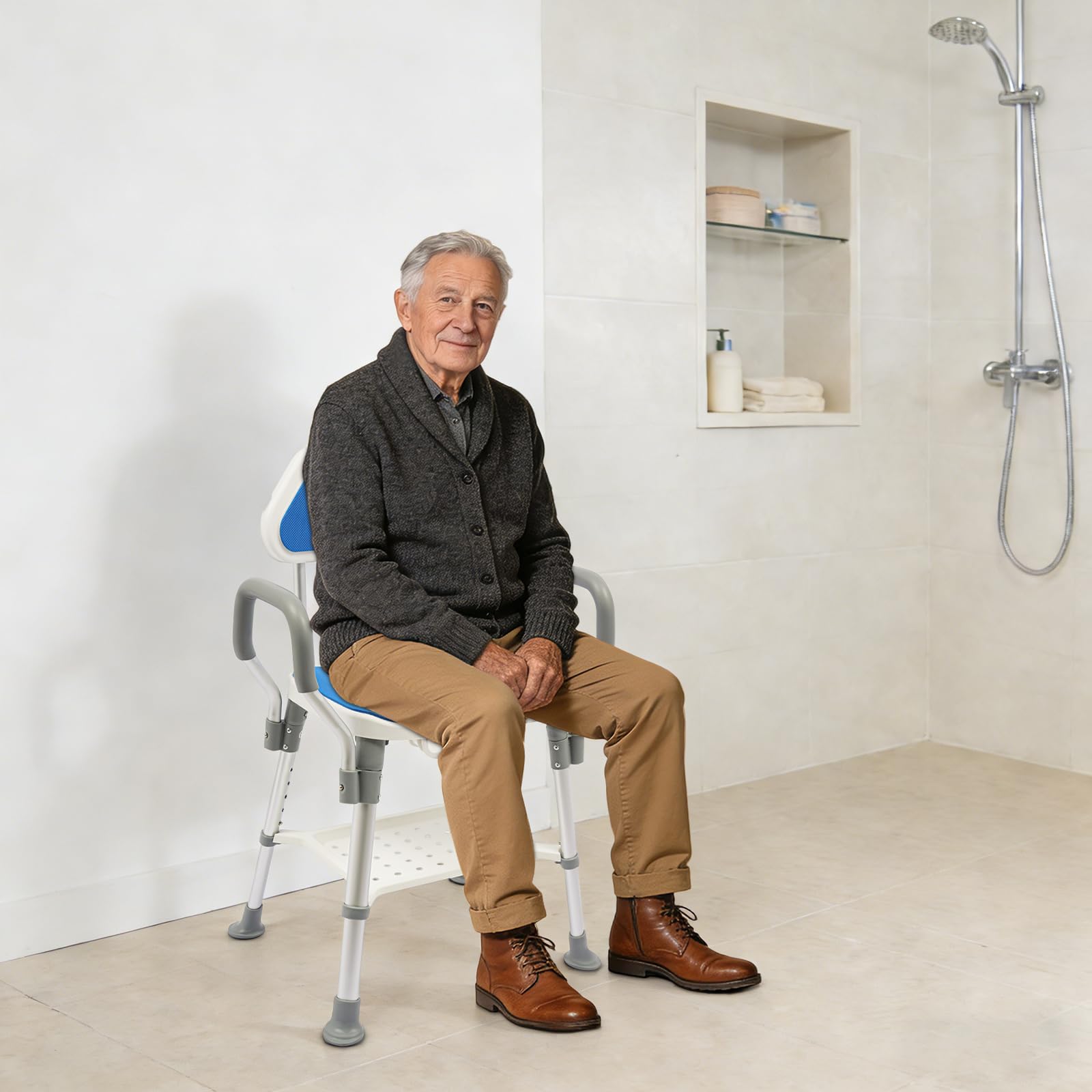 Silla de ducha con reposabrazos y respaldo de aleación de aluminio, 150 kg, taburete de baño con recorte higiénico, 6 niveles de altura ajustable de 15,1 a 19 pulgadas, taburete de ducha con respaldo