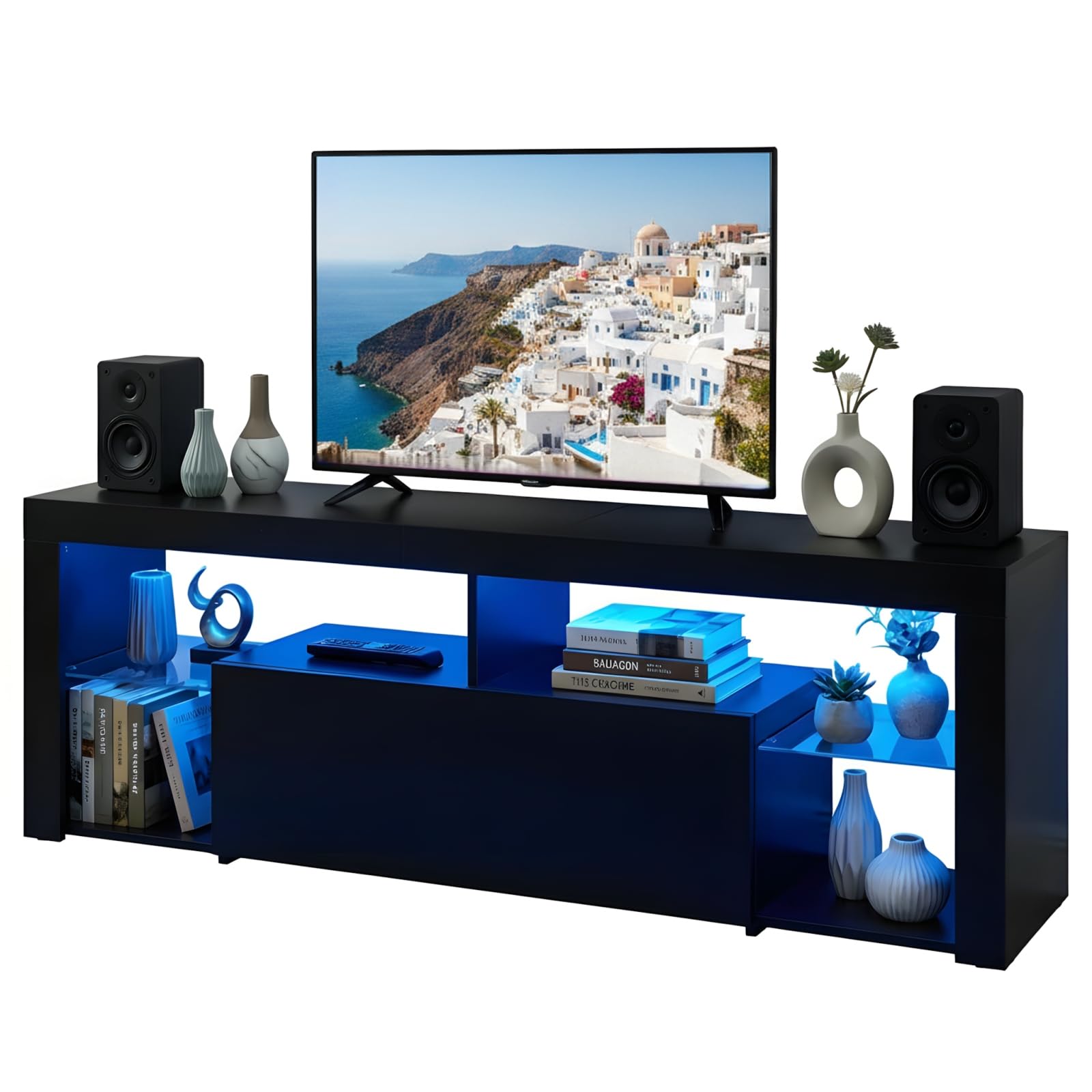 Meuble TV Noir 140cm Longueur avec Bande Lumineuse, Meuble Télé Moderne avec Étagères en Verre et Tiroir, Meuble TV Bas avec Rangement pour Salon, Chambre et Gaming (140x35x50cm)