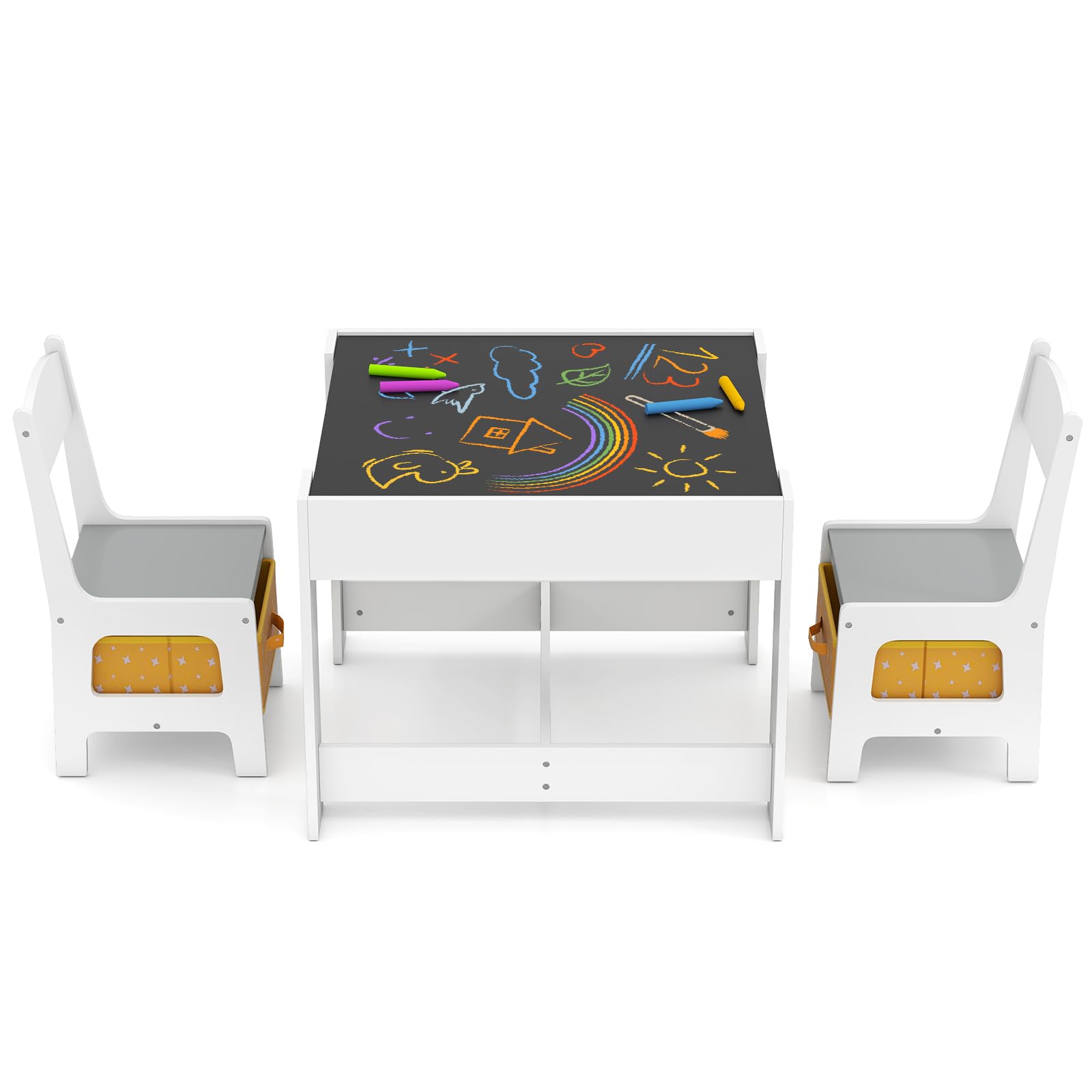 Maxmass 3PCS Kids Table and Chair Set, Wooden Toddler Play Table with Removable Double Side Tabletop, Storage Boxes, Children Activity Desk Set for Eating Drawing Reading Learning (Grey+Yellow) — image 1