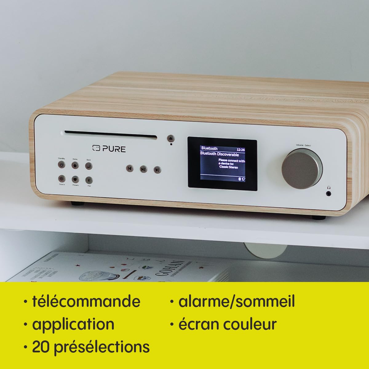 Pure Système de musique stéréo HiFi classique (son 100 W, radio Internet, DAB+/FM, Bluetooth, lecteur CD, USB et Spotify Connect), blanc coton/chêne (blanc coton)