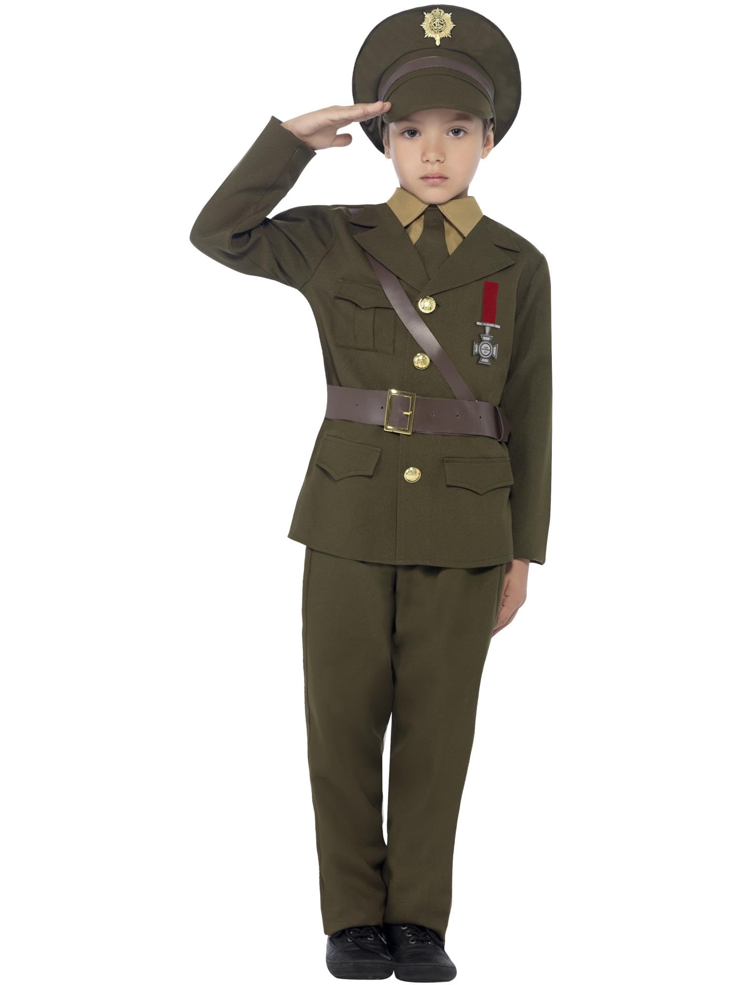 Smiffys Disfraz de oficial del ejército, verde con chaqueta, cinturón, pantalones, sombrero, camisa simulada y corbata, disfraz para niños, disfraces de los años 40