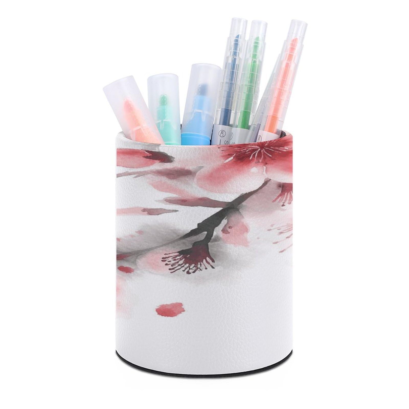 JTREHY Asian Watercolor Pink Cherry Florals Pen Holder Round Pen Pencil Holder Makeup Brush Holders Cup PU Leather Pencil Cups Desktop Caddy Stationery Organizer Case Office Accessories Container Box