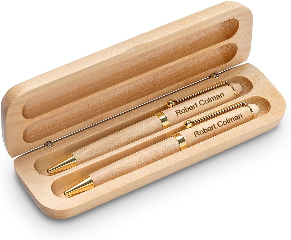 Executive Gift Shoppe | Masonic Theme Laser Engraved Maple Wood Double Pen and Box Set