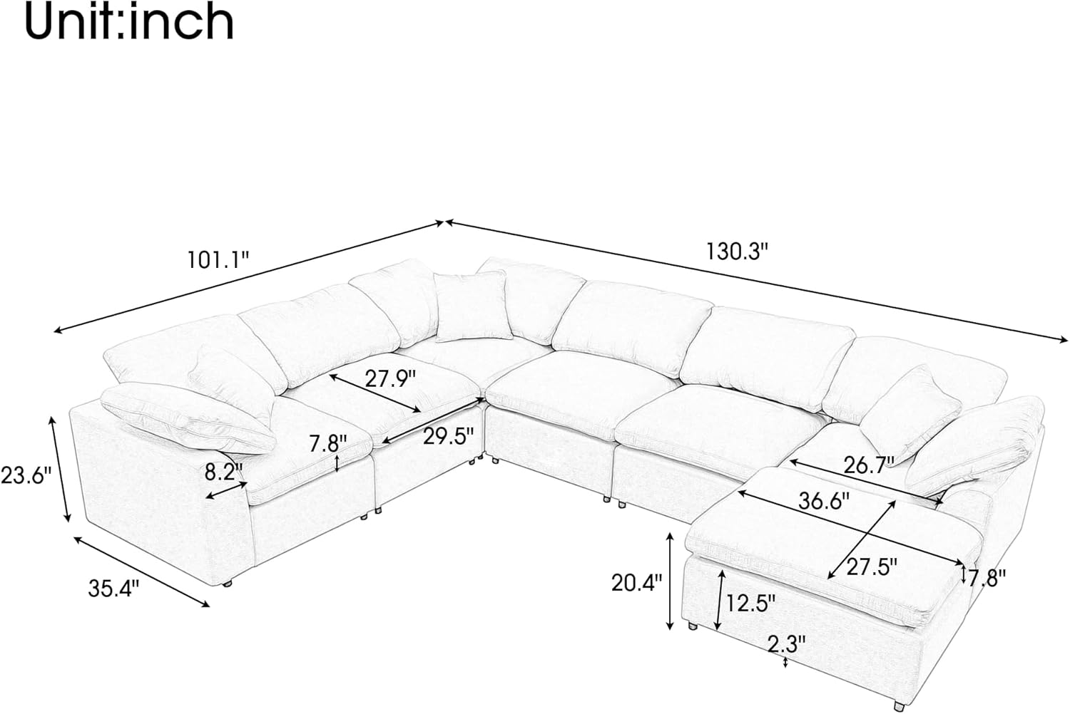 Eafurn Oversized Modular Sectional Sofa with Movable Ottoman, Convertible L-Shaped Couch Set, 7 Seater Reversible Corner Sofa&Couch with 5 Pillows and Removable Cushion for Living Room, Grey 116.14"
