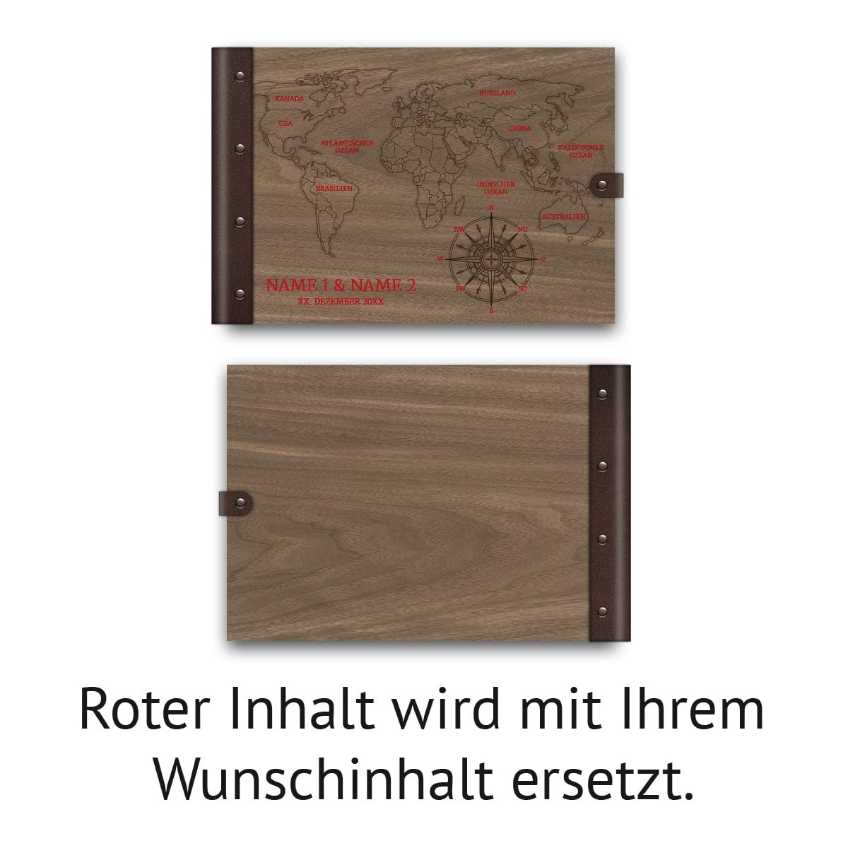 Gästebuch Okoume Holz Gravur individuell Holzcover mit Echtleder Rücken 72 Blatt | 144 Seiten A4 quer 302x215mm - Weltkarte