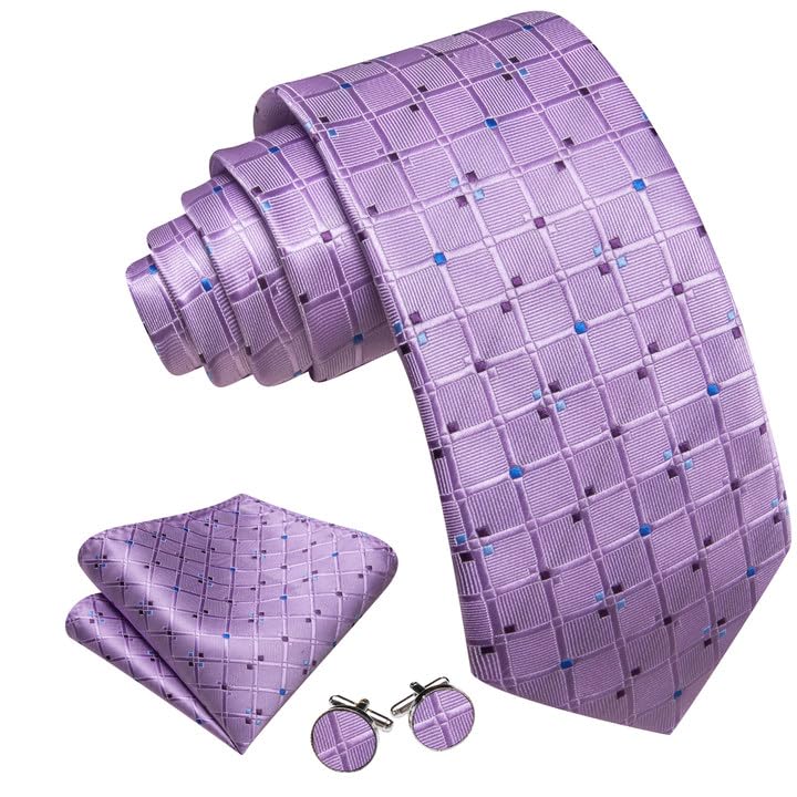Image of Barry.Wang Designer Classic Ties for Men Set Formal Pocket Square Cufflink Check Plaid