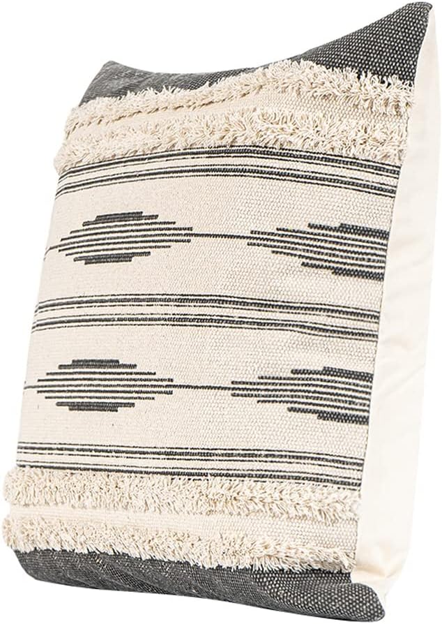MOCOFO 16" Cream White Grey Woven Tufted Tassel Cushion Cover Fringe Pillow Sofa Couch Throw Bohemian Embroidered Cover ONLY (Gray 18‘’)