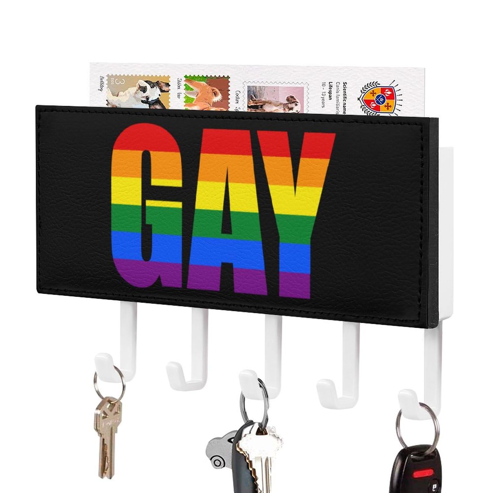 NCLQVJXZKHW Gay Prouds-Rainbow LGBT Key Holder with 5 Hooks Key Hooks Wall Mounted Key Racks Key Hanger Organiser Shelf