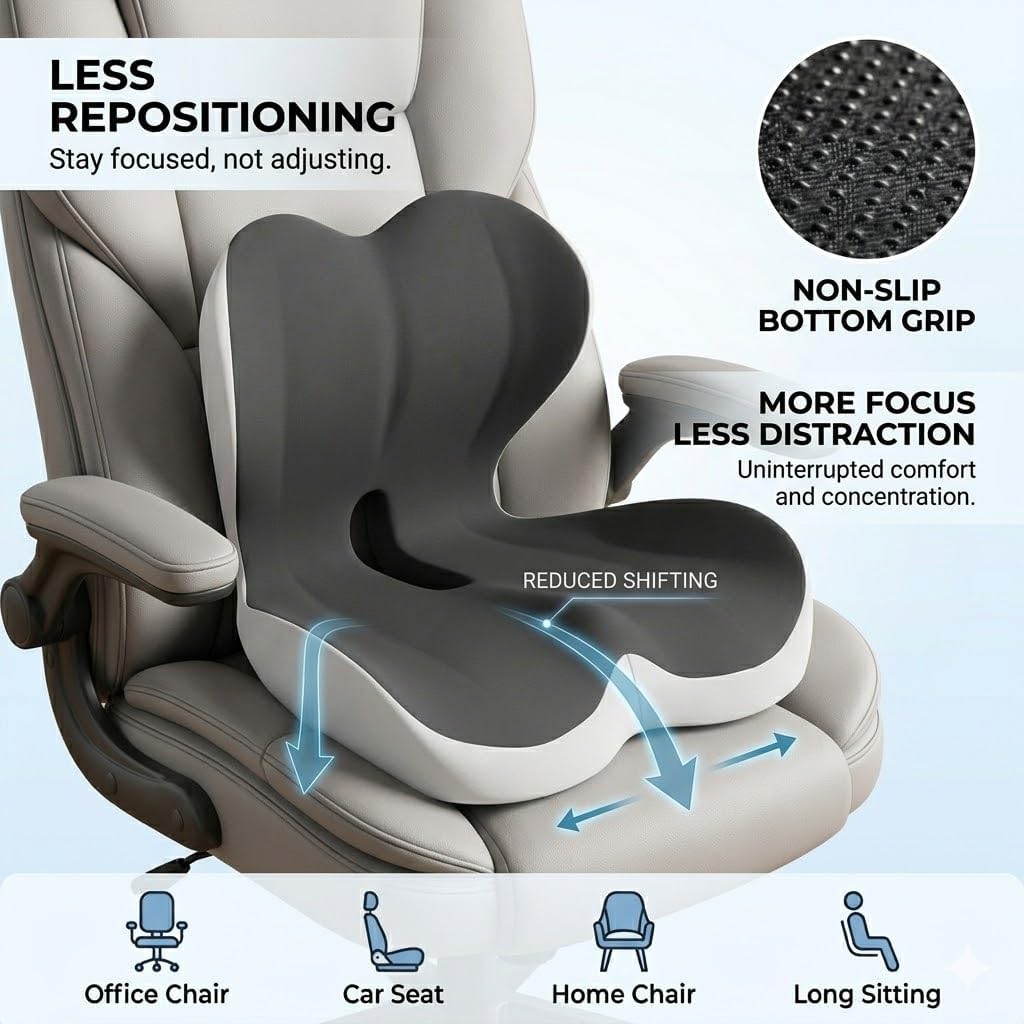MOYEE Wide Memory Foam Seat Cushion with Lumbar Support for Office Chair & Car Seat, Ergonomic Design for Long Sitting, Gradual Relief & Lasting Support for Back, Tailbone & Sciatica Pain
