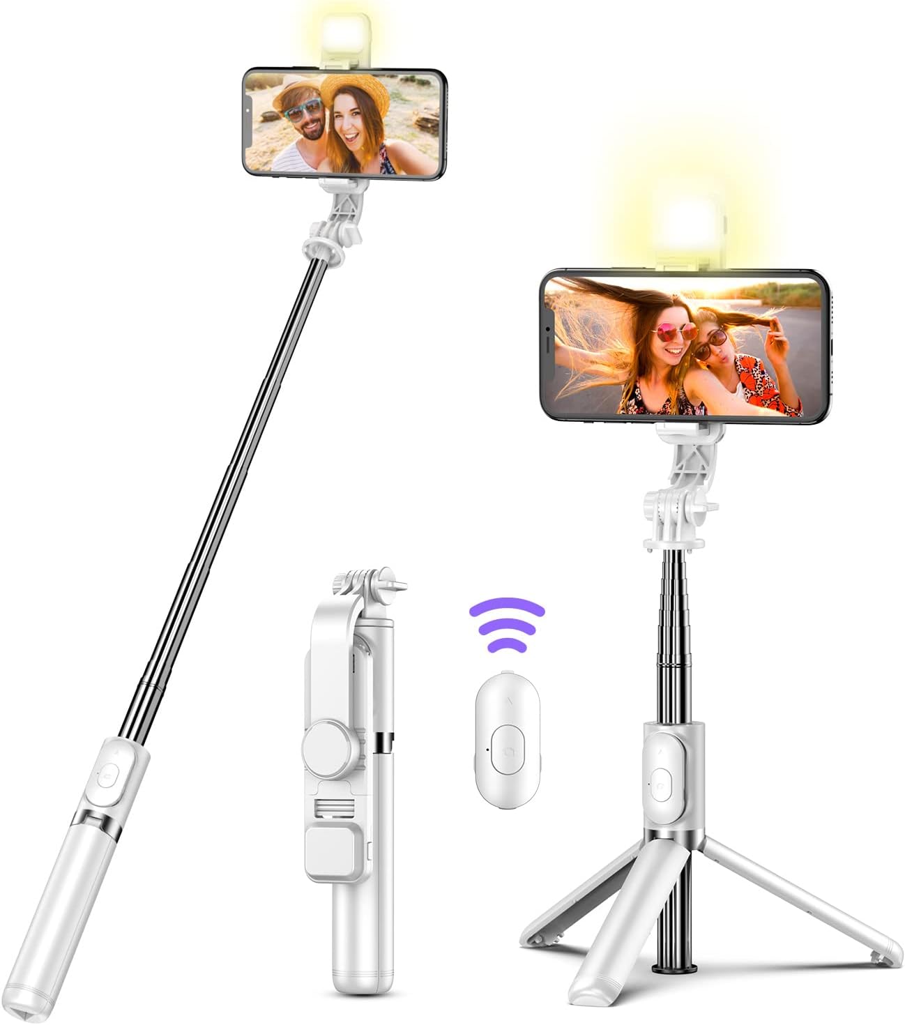 Selfie Stick Tripod with Remote, BEFAME Extendable Cell Phone Tripods with LED Ring Light, Remote Compatible with iPhone and Android
