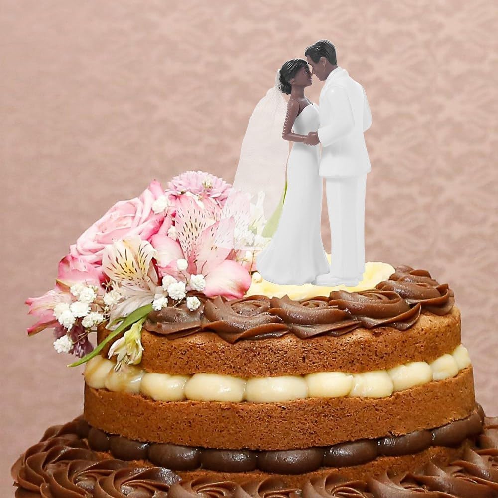 Elegant Bride & Groom Couple Wedding Cake Topper White/Black Centerpiece for Anniversaries,Engagements ﻿(Black)