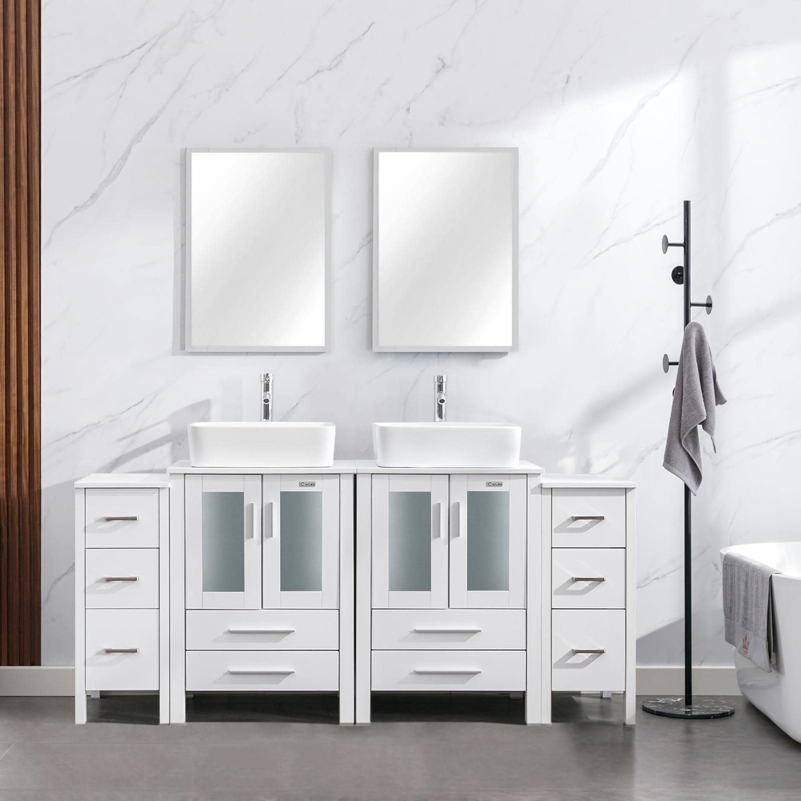 eclife 72" Modern Bathroom Vanity Sink Combo Freestanding Cabinet with Small Side Cabinet, White Rectangle Ceramic Vessel Sink, Water Save Faucet, Drain (White+T03)