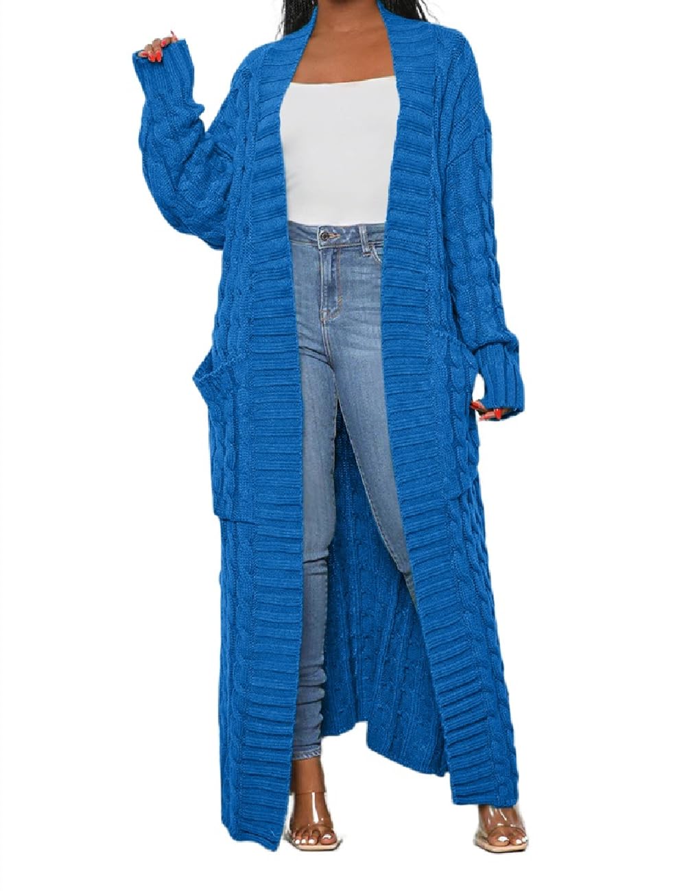 Womens Thin Stylish Cable Knit Dual Extra Long Maxi Cardigan with 2-Pockets
