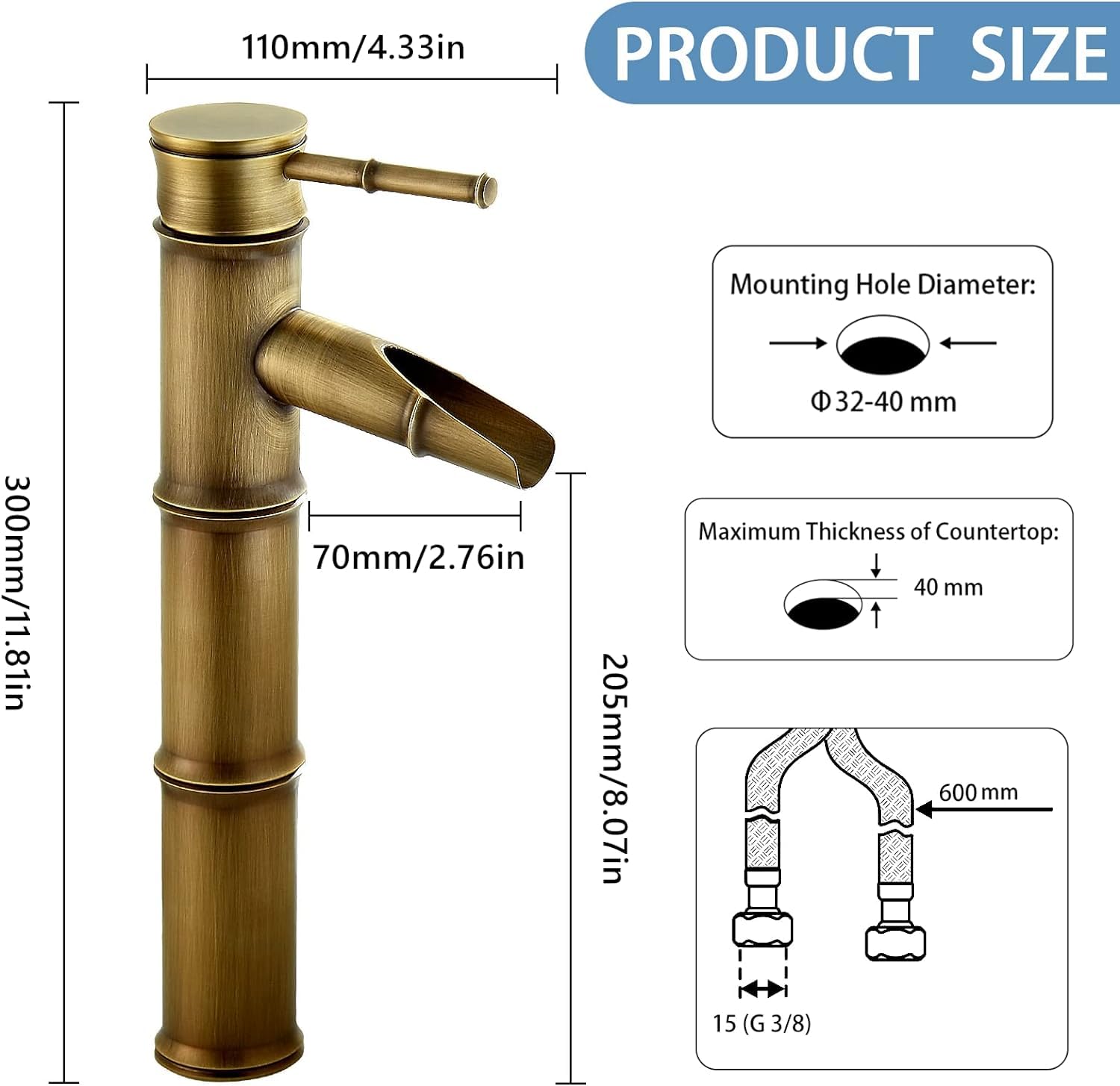 Namuoto Rubinetto Bagno Lavabo Alto Cascata Rubinetto Miscelatore per Lavabo da Bagno Miscelatore Monocomando per Bagno, Ottone Antico, Frattura A 3 Sezioni