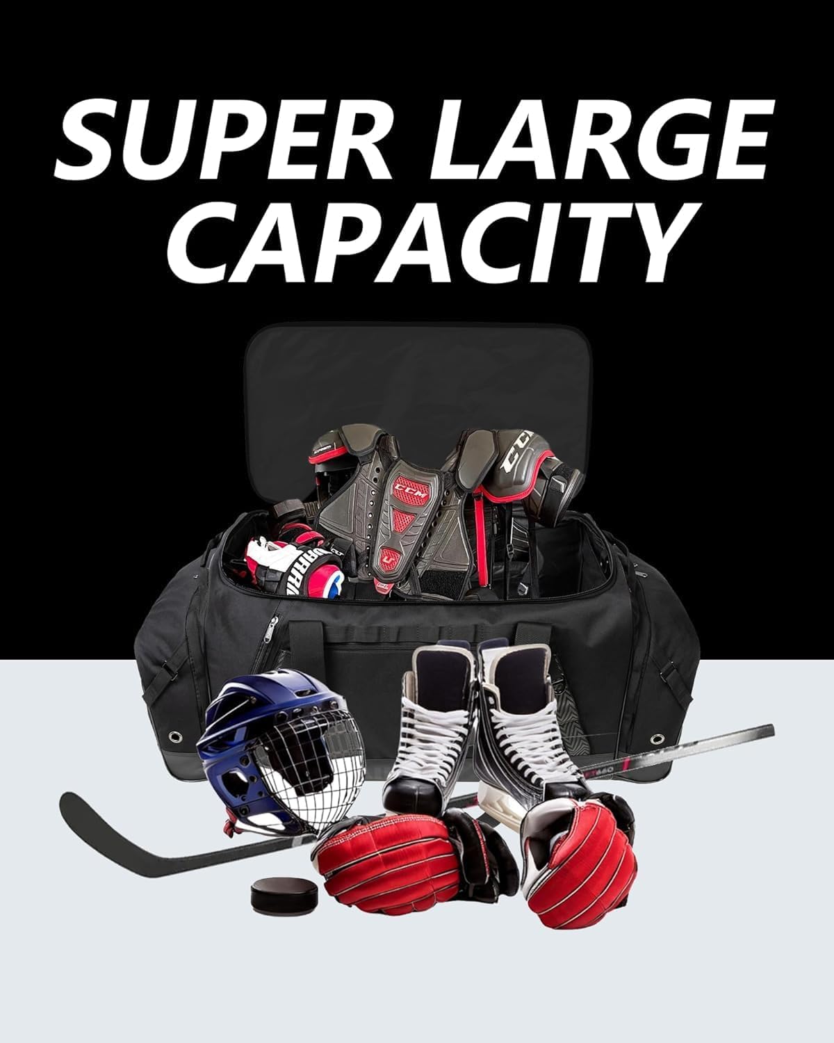 TRAILKICKER Bolsa de Hockey Sobre Césped Extra Grande - Capacidad para Todos los Equipos - Dos Soportes para Palos y Compartimento Separado para Tacos - Negro