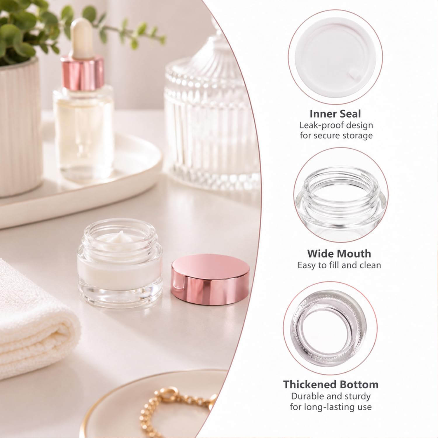 6Packs 0.5Oz/15ml Clear Cosmetic Jars with Rose Gold Caps Reusable Round Small Glass Containers Travel Jars for Creams, Lotion, Cosmetic, Spice, Powder, Eye Creams image 3
