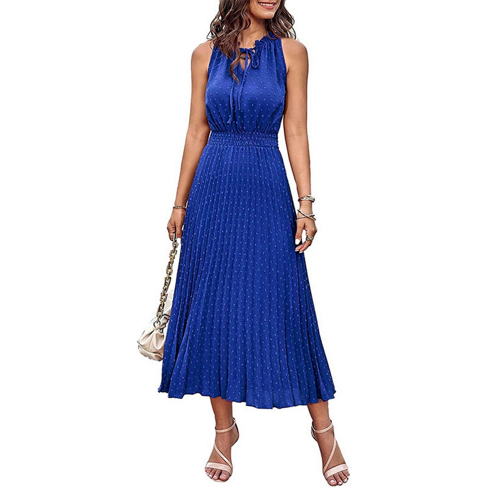 Abito Midi Delle Donne Casual Scollo a V Swiss Dot Plissettato Senza Maniche A-Line Beach Dress, YYEFNMAZ, Maniche lunghe marrone, l