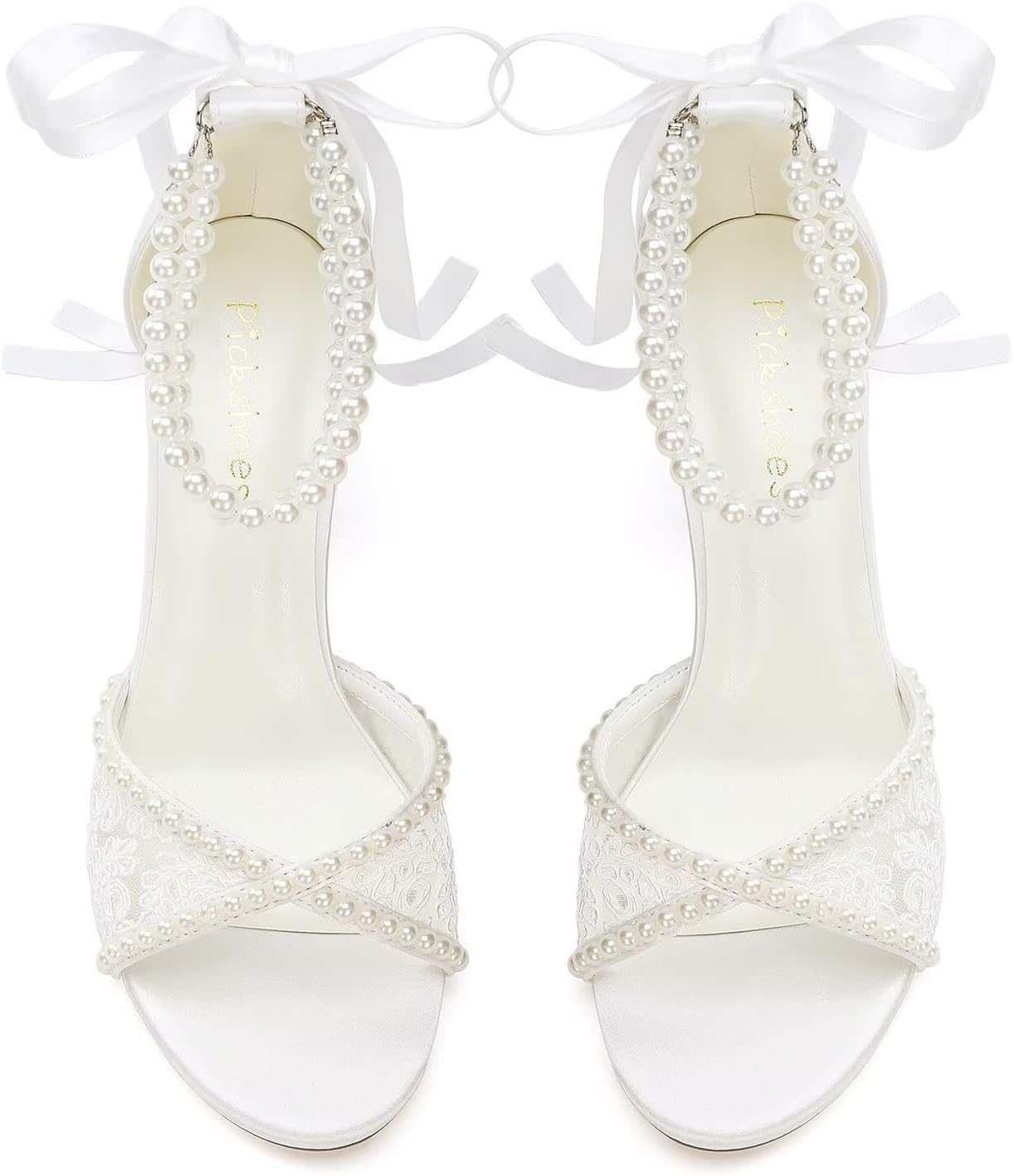 Lace Wedding Shoes for Bride Pearl Heels Bridal Shoes Block Heel Wedding Sandals - Image 2