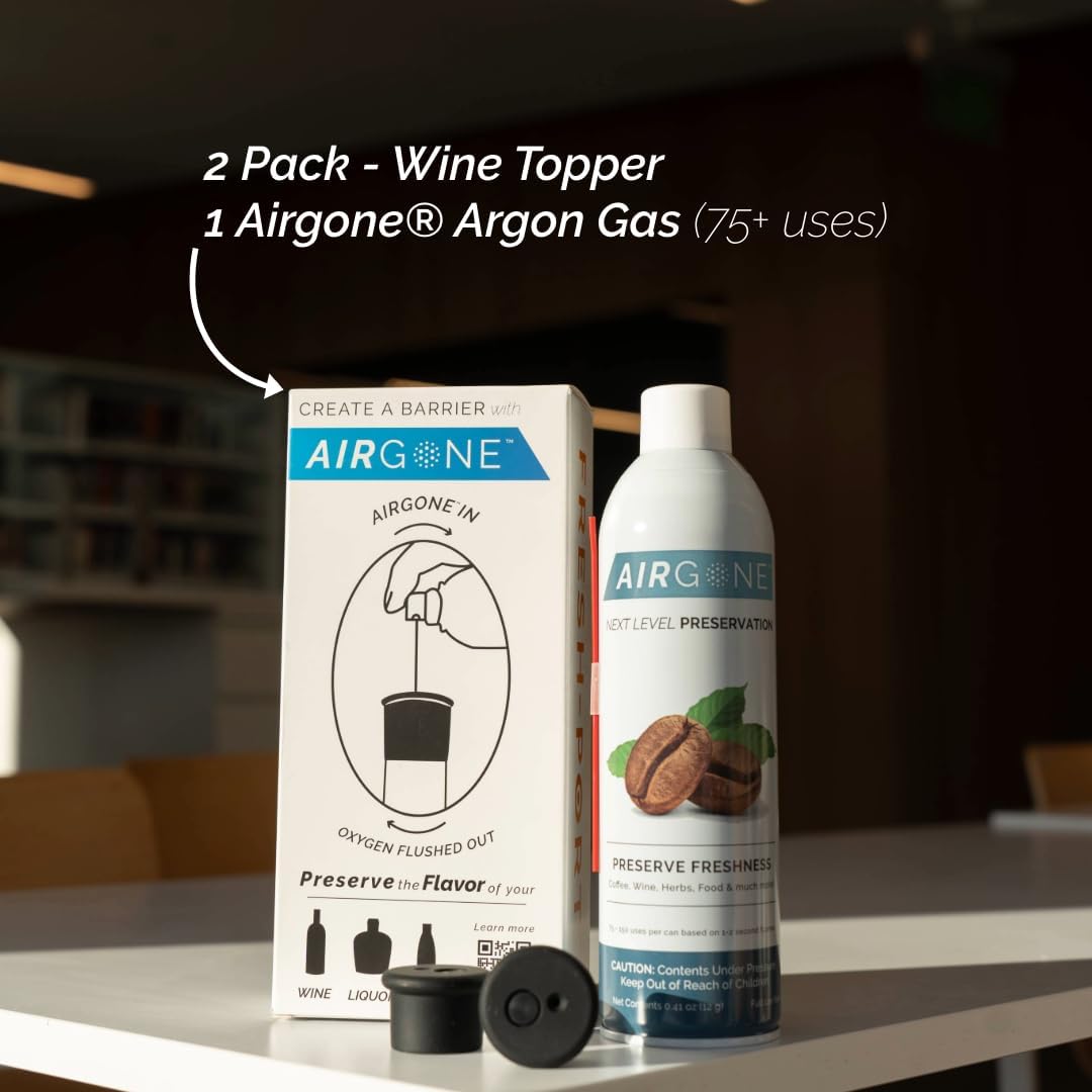 Fresh-Port® Wine Topper Bundle | Airgone® Argon Gas | Patented Fresh-Port® Valve | Displace Oxygen & Preserve Freshness | Pack of 2 Silicone Toppers + 1 Canister