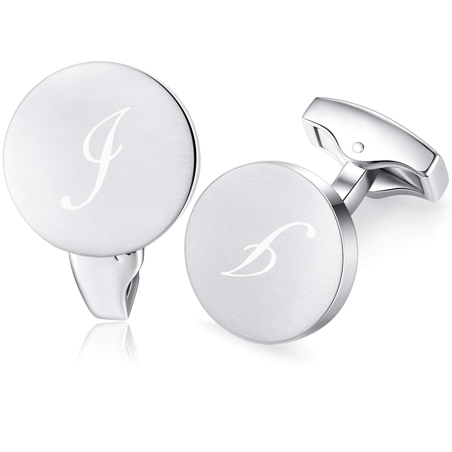 Honey Bear Men's Silver Initial Alphabet Letter Cufflinks For Round Shape Stainless Steel Wedding Business Gifts A - Z (I)
