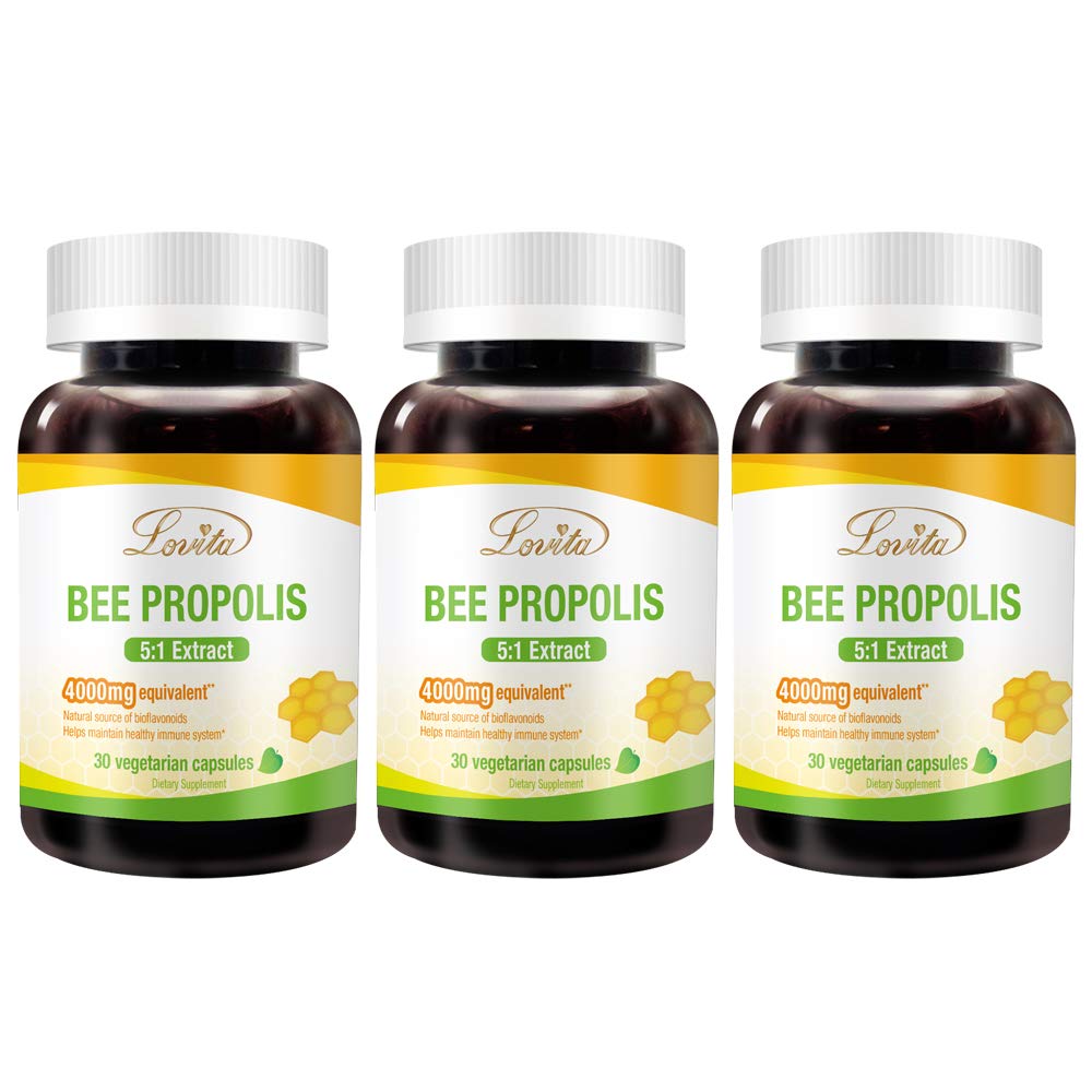 Lovita Propolis Capsule | 800mg, 5:1 Concentration | Natural Bee Propolis Extract | 30 Vegetarian Bee Propolis Capsules (Pack of 3/3 Months Supply)