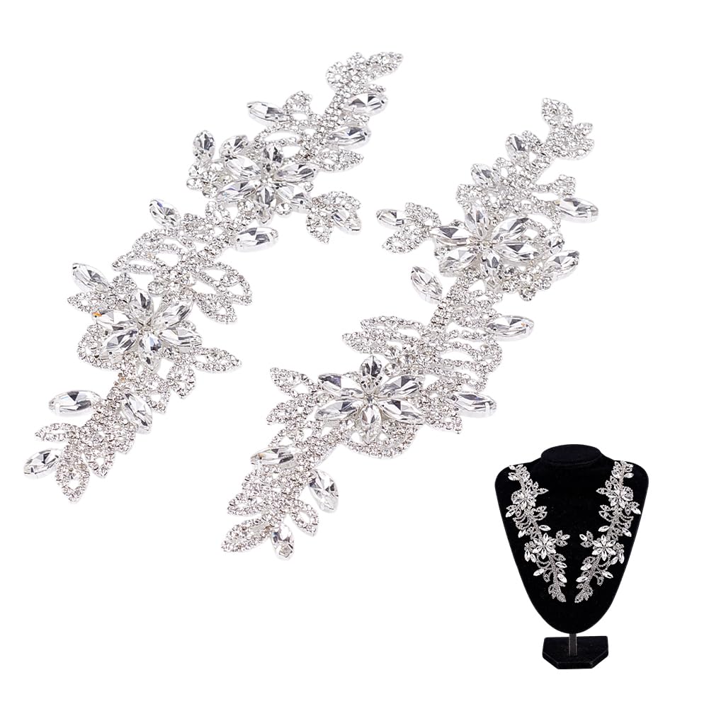 NBEADS 2 Pz. Toppa con Applicazione di Strass Simmetrica, Fiore Ab Crystal Applique Patch Cintura Da Sposa per Abbigliamento Fai Da Te Decorazione Abito Da Sposa, Argento, 22X6.7cm