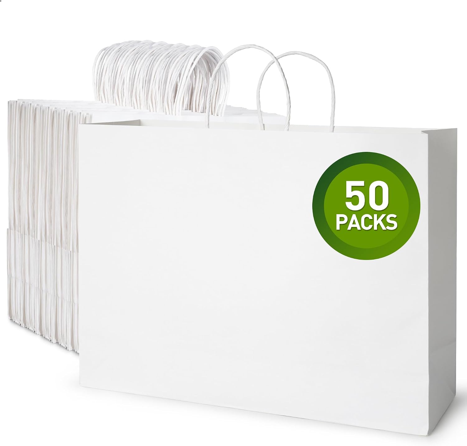 Greenual Kraft Paper Bags - 50Pcs 16x6x12 Inches White Paper Bags with handles Bulk, Recycled Paper Shopping Bags, Large Gift Bag, Large Paper Bags, Retail Bags for Small Business Grocery Merchandise