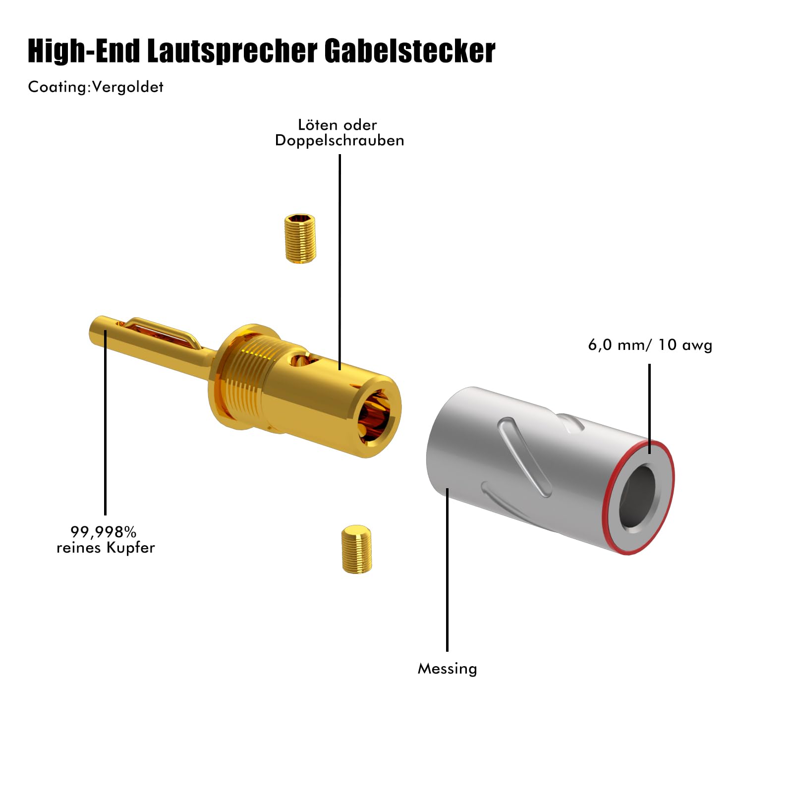 Monosaudio B801G Lautsprecher Bananenstecker, 6mm/10AWG, 4 Stück | 99,998% Reines Kupfer, Vergoldet, Doppel-Schraubverriegelung, Mit Inbusschlüssel